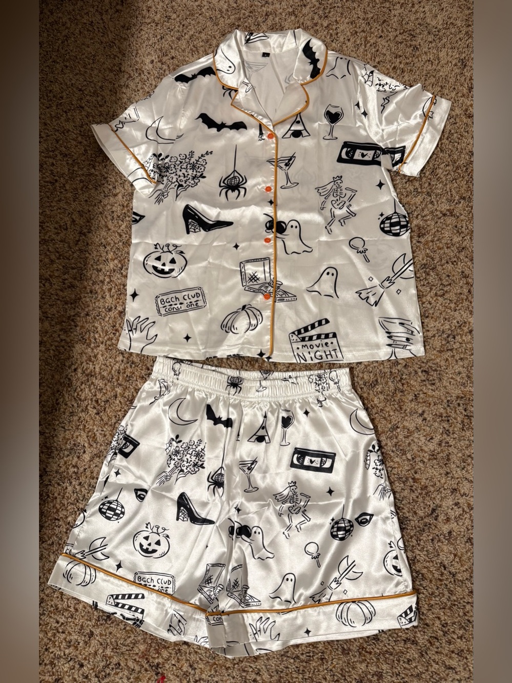 Halloween Satin Pajama Set - White with Black Prints juniors size Large